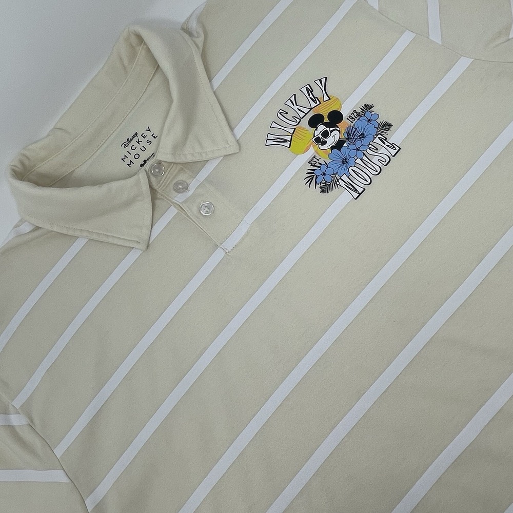 Disney Parks Mens Polo Shirt XXL 2XL Striped Yellow White‎ Vintage Mickey Mouse
